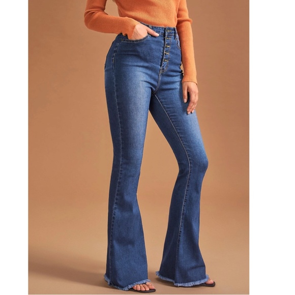 Blue Flared Jeans Denim High Waist Button Fly Bell Bottom - Picture 3 of 6